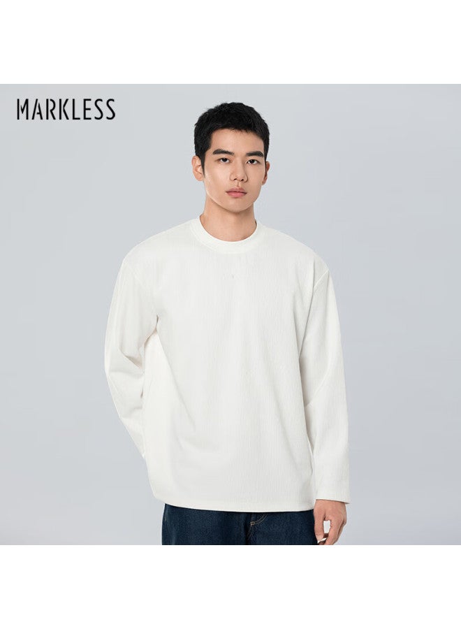 Markless Embossed Vertical Stripe Heavyweight Long-sleeve T-shirt For Men, Autumn And Winter Loose Casual Top Undershirt 5602 Pearl White XL - Image 1