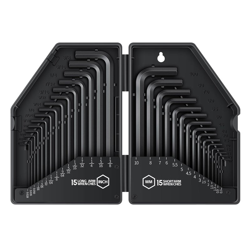 Reniteco 30 Pcs Hex Head Key Allen Wrench Tool Set Organizer Kit Alloy Steel L Shape Black Metric (0.7-10 Mm) Sae (0.028""-3/8"") Standard In Storage Case Long Short Arm - Image 1