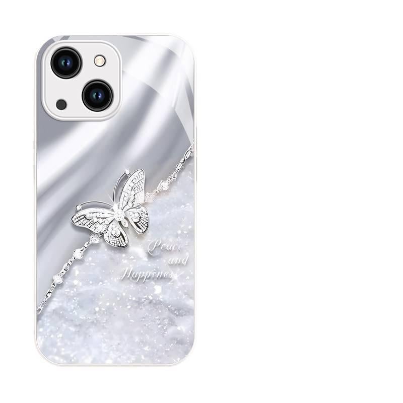 BB غطاء واقي بGlass لـ iPhone 16 / 16 Plus / 16 Pro / 16 Pro Max مع مقاوم للصدمات وحماية من السقوط مع مقاوم للصدمات مع فراشة لامعة مع بريق متدرج باللون Silver باللون الفضي - Image 1
