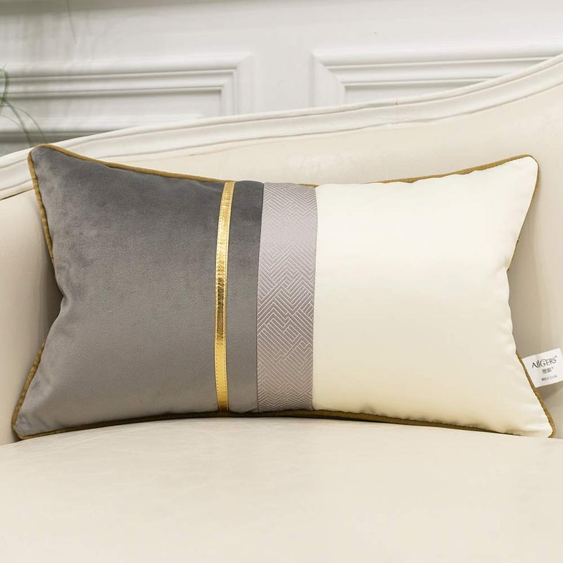 Avigers 12 x 20 Inches Gray White Gold Leather Striped Patchwork Velvet Cushion Case Luxury Modern Throw Pillow Cover Decorative Pillow for Couch Living Room Bedroom Car - Image 1
