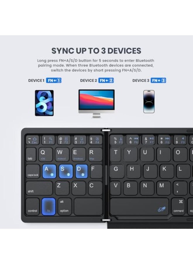 Foldable Bluetooth Keyboard, Portable Full Size with Large Touchpad, Numeric Keypad, PU Leather, Wireless Travel for Windows iOS Android Mac (Sync up to 3 devices) - Image 3
