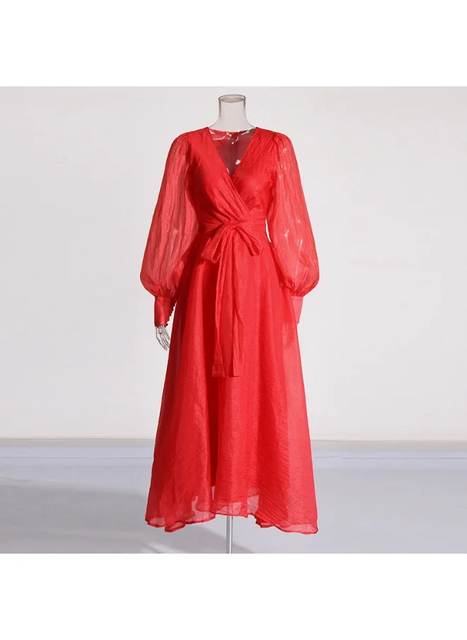 Madam Uniq French Vintage Court Style V-Neck Waist-Tie A-Line Dress with Puff Sleeves for Women