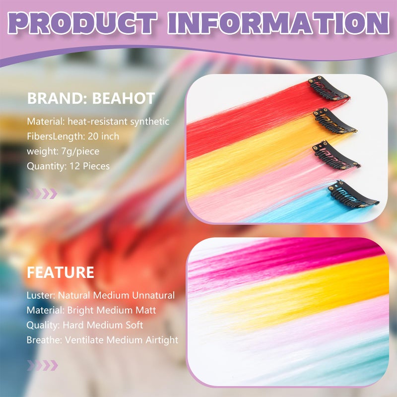 BEAHOT 12 PCS Colored Clip in Hair Extensions - BEAHOT 20 Inches Rainbow Long Straight Hairpieces Clip in Synthetic, Halloween Cosplay Dress Up Fashion Party Christmas New Year Gift for Women Kids Girls - Image 3