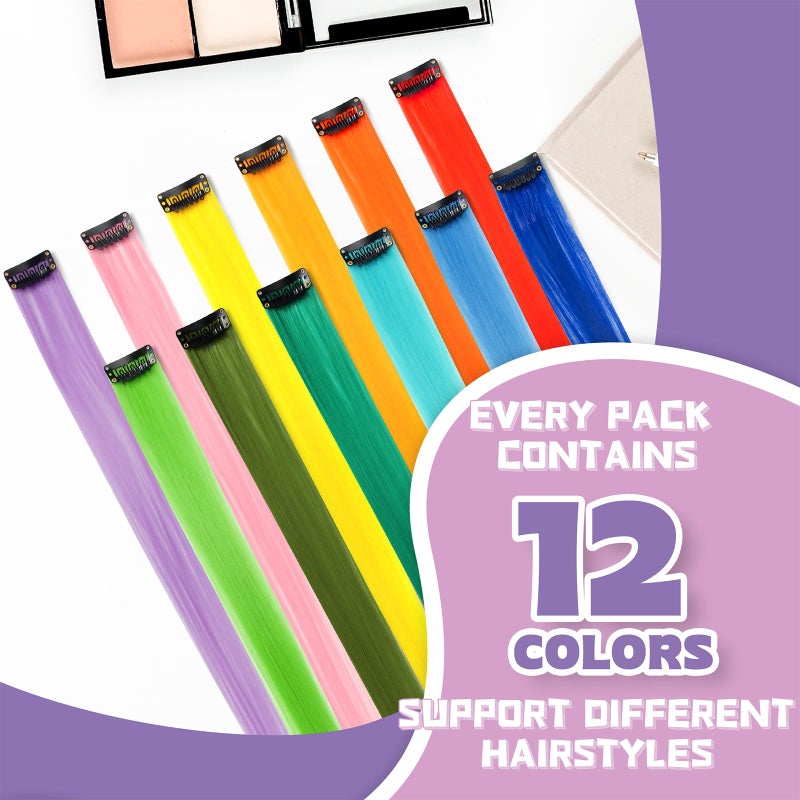 BEAHOT 12 PCS Colored Clip in Hair Extensions - BEAHOT 20 Inches Rainbow Long Straight Hairpieces Clip in Synthetic, Halloween Cosplay Dress Up Fashion Party Christmas New Year Gift for Women Kids Girls - Image 2
