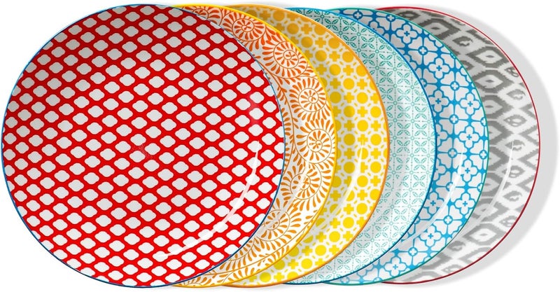 ONEMORE Colorful Dinner Plates Set of 6105 inch Porcelain Salad Plates  Microwave Oven  Dishwasher Safe Large Ceramic Plate for Pasta Pizza  Geometric Style Scratch Resistant  Assorted Colors - Image 1
