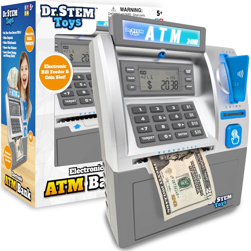 Dr STEM Toys Kids ATM Savings Bank Electronic Piggy Bank with Bill Feeder Coin Counter and LCD Educational STEM Toy for Children 512