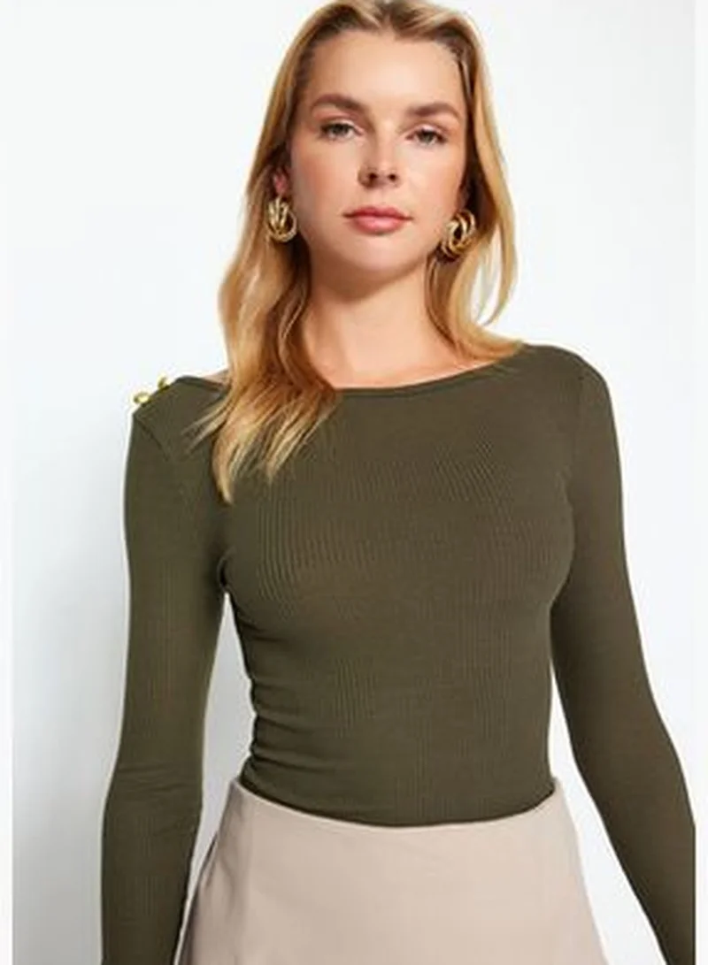 trendyol Khaki Boat Collar Corduroy Flexible Regular Fit Long Sleeve Button Detailed Knitted Blouse TWOAW24BZ00052