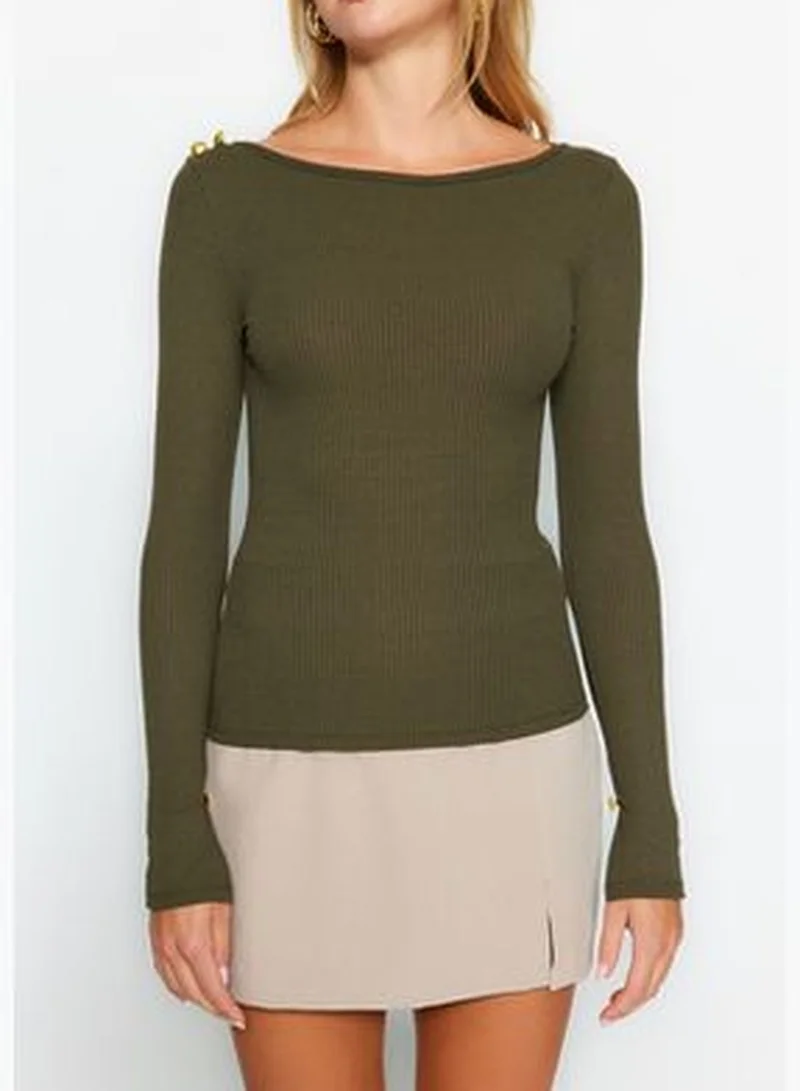 trendyol Khaki Boat Collar Corduroy Flexible Regular Fit Long Sleeve Button Detailed Knitted Blouse TWOAW24BZ00052