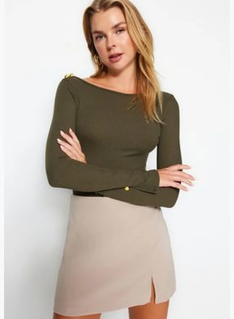 trendyol Khaki Boat Collar Corduroy Flexible Regular Fit Long Sleeve Button Detailed Knitted Blouse TWOAW24BZ00052