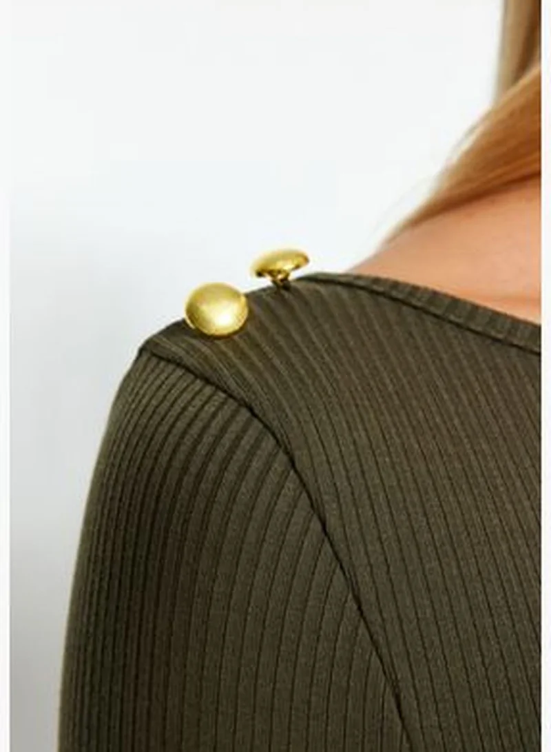 trendyol Khaki Boat Collar Corduroy Flexible Regular Fit Long Sleeve Button Detailed Knitted Blouse TWOAW24BZ00052