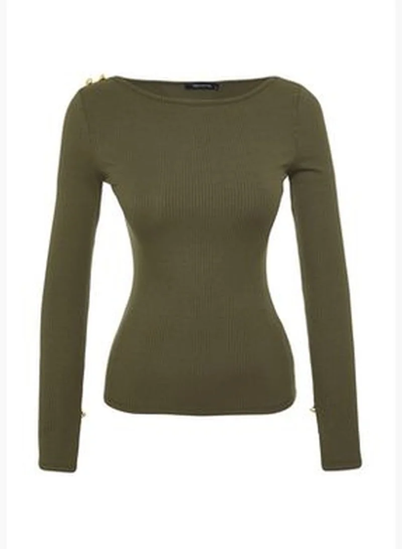 trendyol Khaki Boat Collar Corduroy Flexible Regular Fit Long Sleeve Button Detailed Knitted Blouse TWOAW24BZ00052