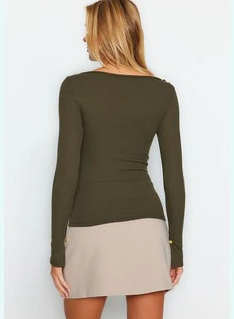 trendyol Khaki Boat Collar Corduroy Flexible Regular Fit Long Sleeve Button Detailed Knitted Blouse TWOAW24BZ00052