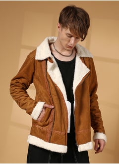Campus Sutra Men's Tawny Brown Contrast-Fleece Suede Biker Jacket  - Image 3