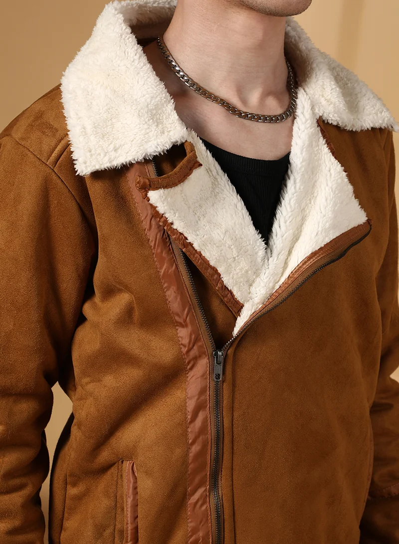 Campus Sutra Men's Tawny Brown Contrast-Fleece Suede Biker Jacket