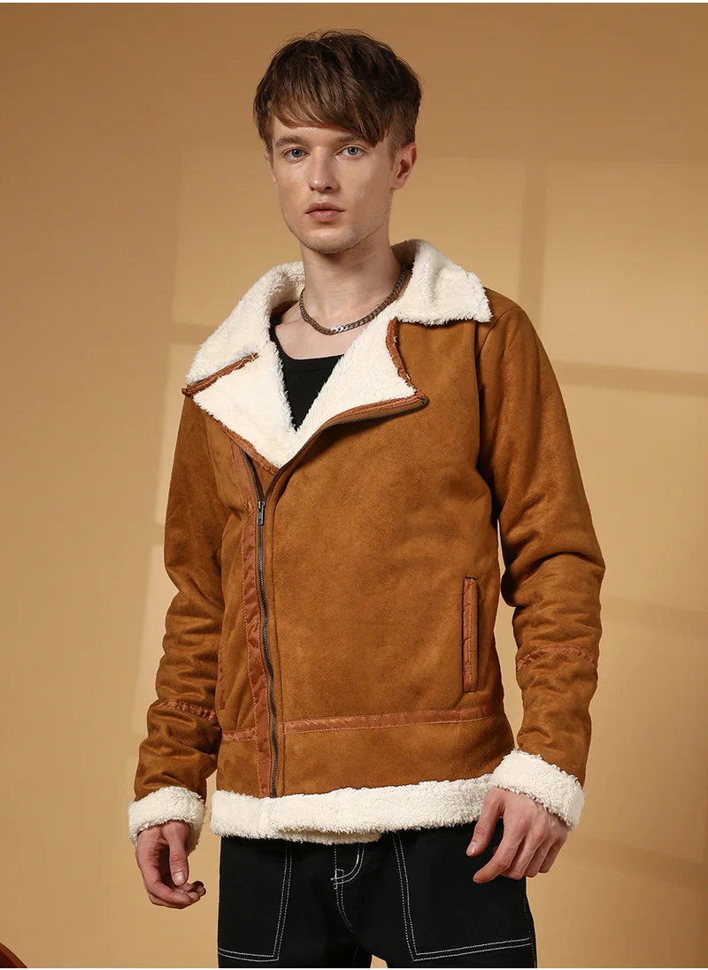 Campus Sutra Men's Tawny Brown Contrast-Fleece Suede Biker Jacket