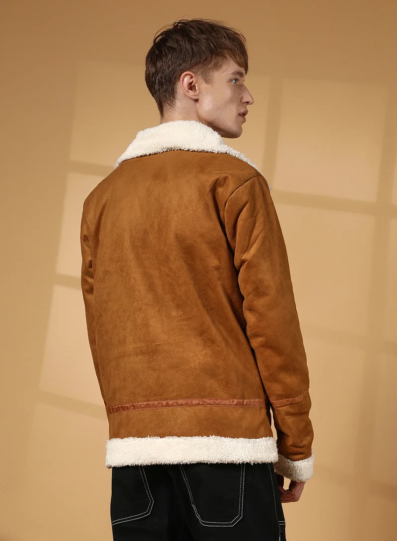 Campus Sutra Men's Tawny Brown Contrast-Fleece Suede Biker Jacket
