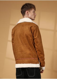 Campus Sutra Men's Tawny Brown Contrast-Fleece Suede Biker Jacket  - Image 5