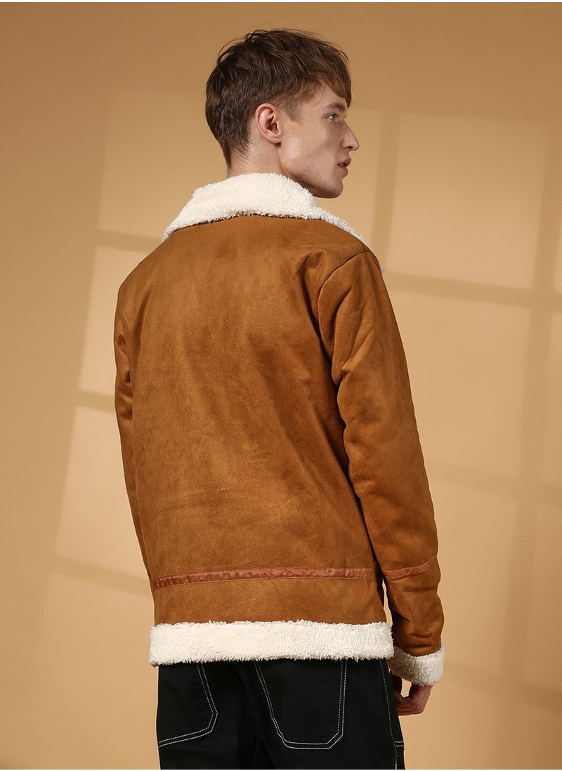 كامبوس سوترا Men's Tawny Brown Contrast-Fleece Suede Biker Jacket  - Image 5