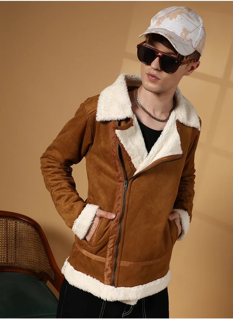 Campus Sutra Men's Tawny Brown Contrast-Fleece Suede Biker Jacket