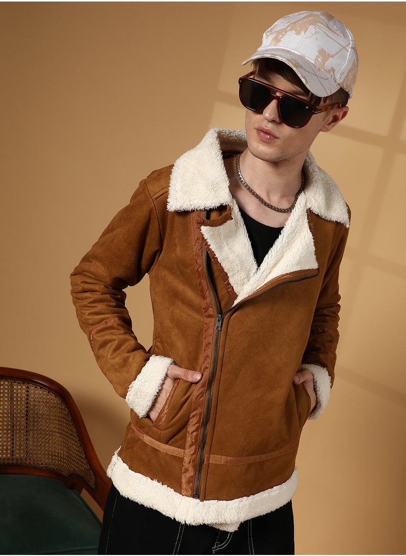 كامبوس سوترا Men's Tawny Brown Contrast-Fleece Suede Biker Jacket  - Image 1