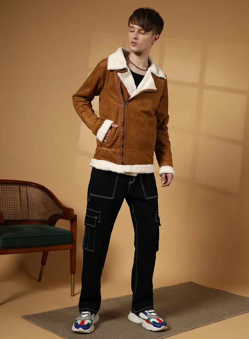 Campus Sutra Men's Tawny Brown Contrast-Fleece Suede Biker Jacket