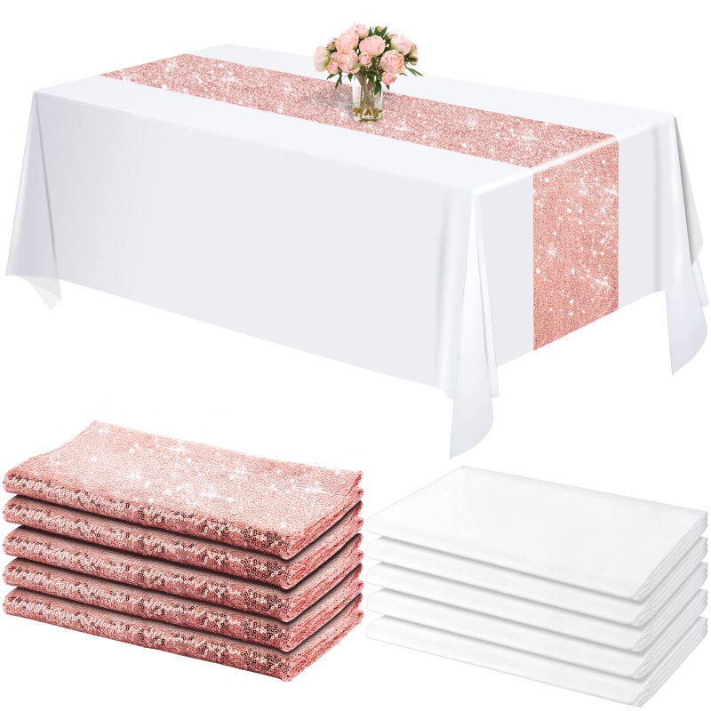 Shimeyao 10 Pcs Rose Gold Table Runner and Tablecloth White Rectangle 54 x 108 Inch Table Cover Sequin 12 x 108 Inch Runners Disposable Plastic Tablecloth for Wedding Baby Shower Birthday