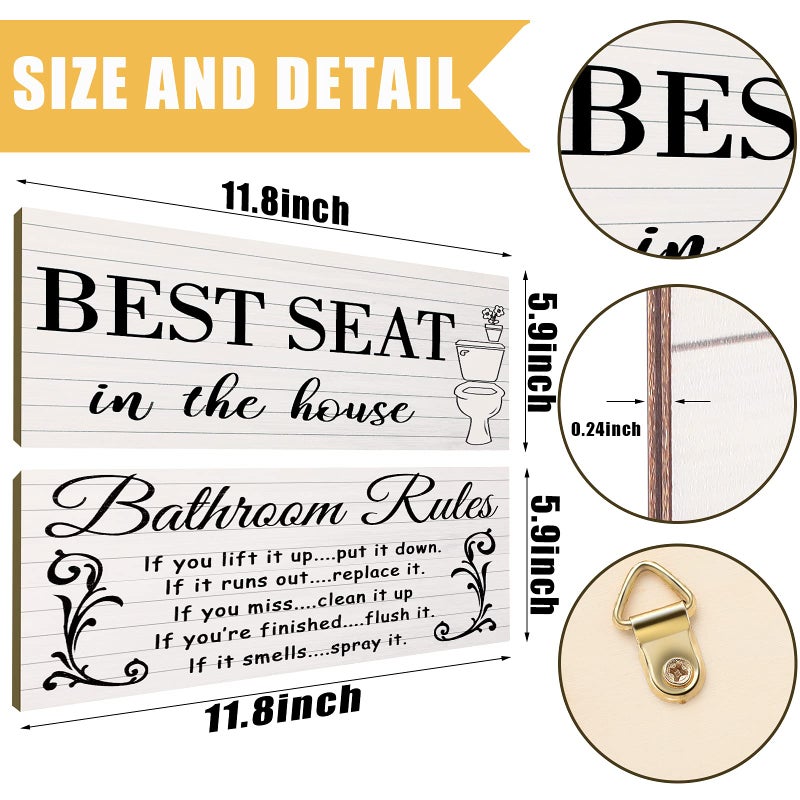 Jetec 2 Pieces Funny Bathroom Pictures Wall Sign Decor Farmhouse Bathroom Rule Wall Art Toilet Rustic Decoration Best Seat Wooden Sign(Simple Style) - Image 2