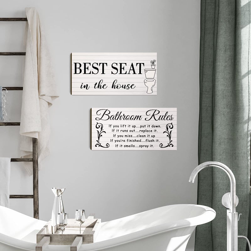 Jetec 2 Pieces Funny Bathroom Pictures Wall Sign Decor Farmhouse Bathroom Rule Wall Art Toilet Rustic Decoration Best Seat Wooden Sign(Simple Style) - Image 4