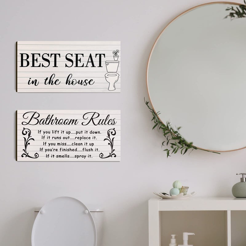 Jetec 2 Pieces Funny Bathroom Pictures Wall Sign Decor Farmhouse Bathroom Rule Wall Art Toilet Rustic Decoration Best Seat Wooden Sign(Simple Style) - Image 3