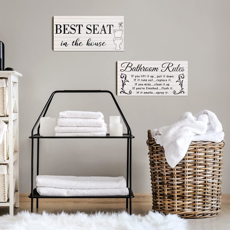 Jetec 2 Pieces Funny Bathroom Pictures Wall Sign Decor Farmhouse Bathroom Rule Wall Art Toilet Rustic Decoration Best Seat Wooden Sign(Simple Style) - Image 5