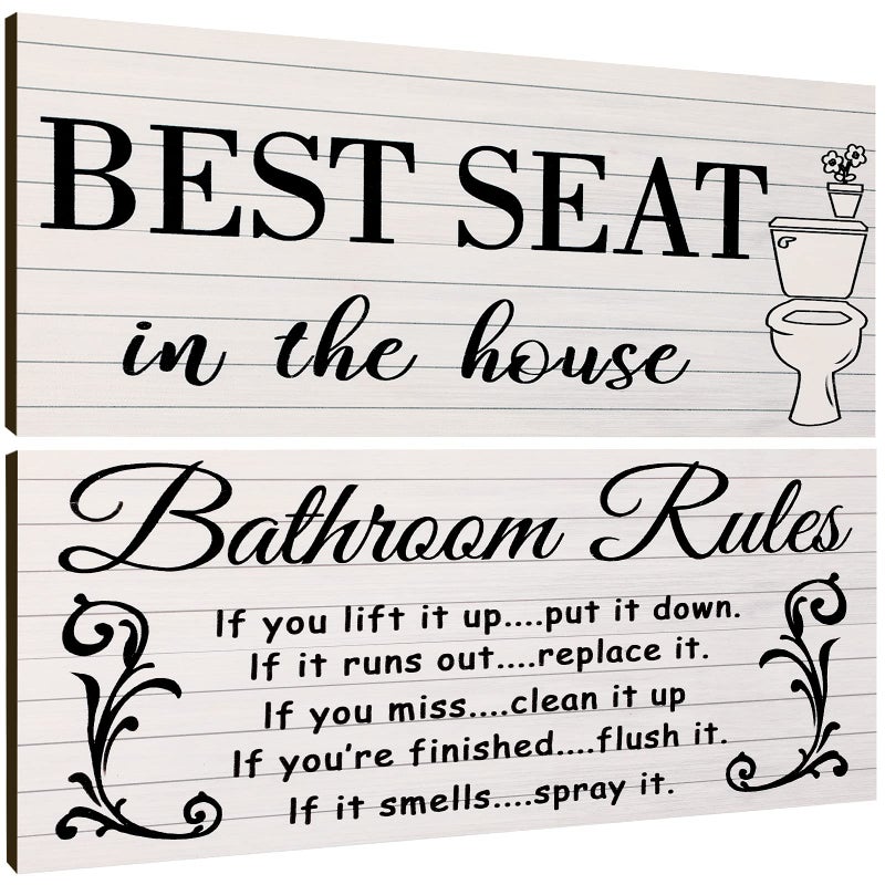 Jetec 2 Pieces Funny Bathroom Pictures Wall Sign Decor Farmhouse Bathroom Rule Wall Art Toilet Rustic Decoration Best Seat Wooden Sign(Simple Style) - Image 1