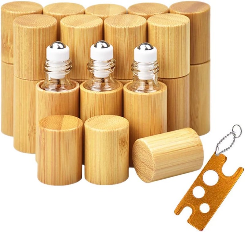 AUHOKY 12Pcs 5ml Bamboo Roll on Bottles for Essential Oils, Portable Massage Oil Bottle with Stainless Steel Roller Ball, Reusable Travel Perfumes Sample Lip Gloss Container (1 Opener)