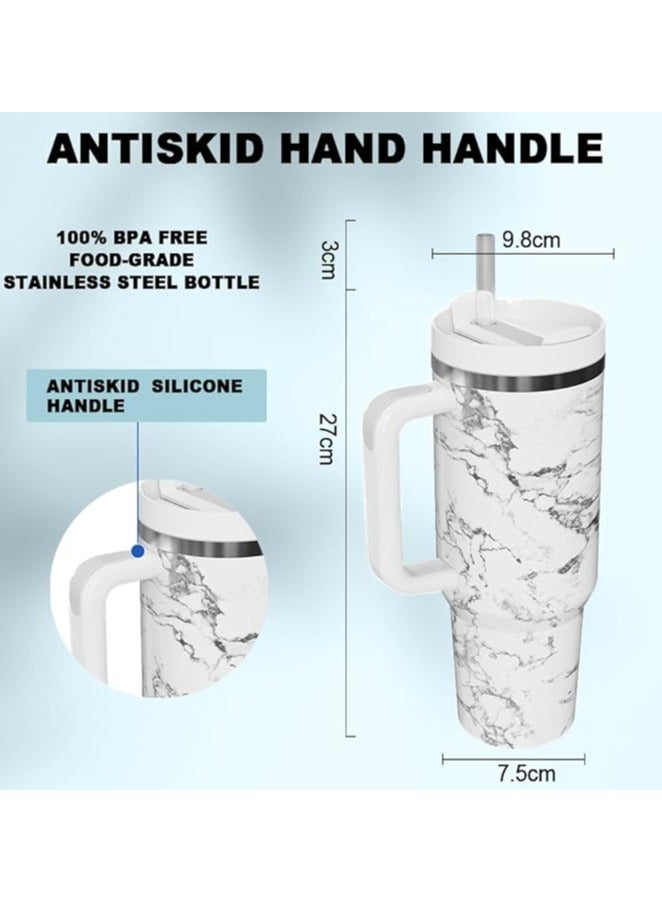 ستانلي كوب معزول من الستانلس ستيل 40 اونصة مع غطاء وماصة زيت او قهوة او شاي المثلج والسموذي وغيرها من زجاجات المياه المعزولة من تيم (ابيض رخامي) - Image 3