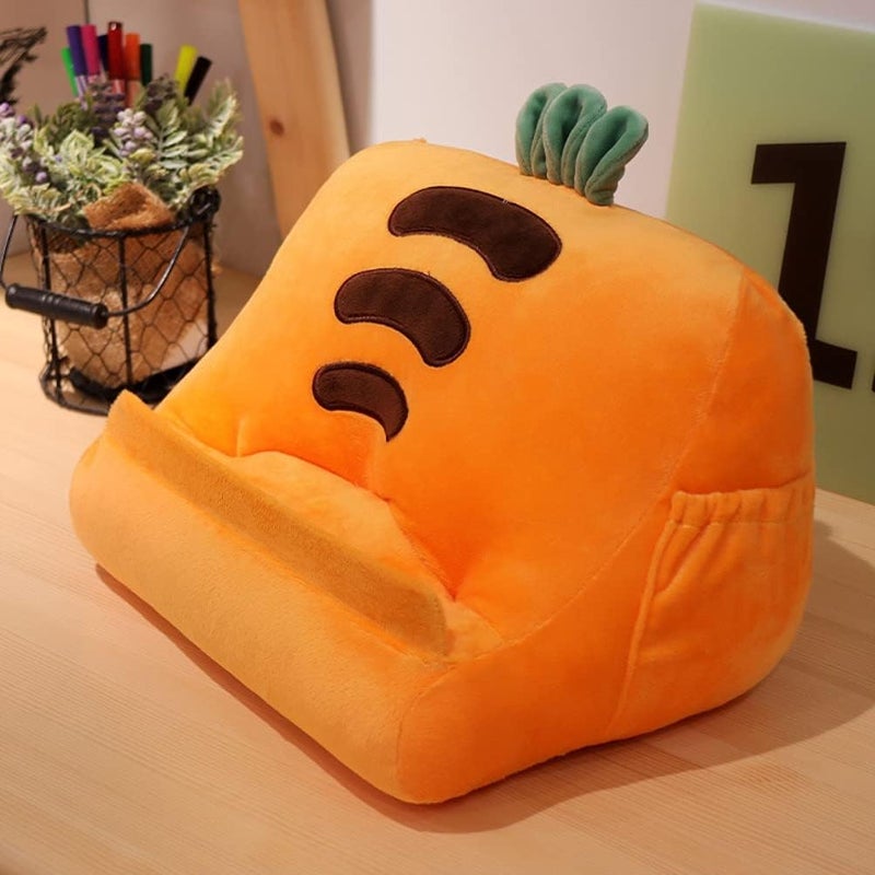 Dpofirs Pillow Tablet Stand, Soft Plush Tablet Holder with Storage Pockets for Kids, Compatible with pads Tablet Phone, Sturdy Fluffy Cushion for Home Travel School Birthday Christmas (orange) - Image 2
