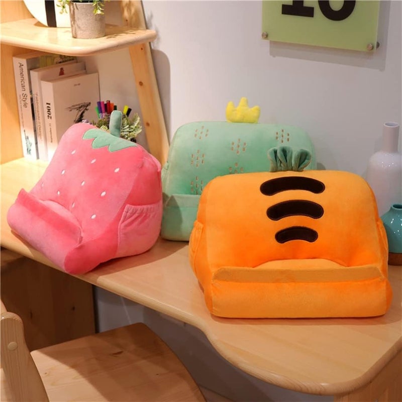 Dpofirs Pillow Tablet Stand, Soft Plush Tablet Holder with Storage Pockets for Kids, Compatible with pads Tablet Phone, Sturdy Fluffy Cushion for Home Travel School Birthday Christmas (orange) - Image 3
