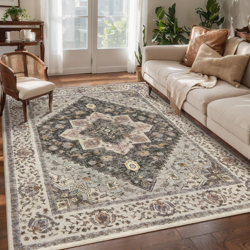 Tangsoo Washable Rug 4x6 Area Rug, Vintage Rug Indoor for Living Room, Non Slip Machine Washable Large Rugs, Soft Print Distressed Grey Farmhouse Carpet for Bedroom Dining Room Dorm Office - Image 1
