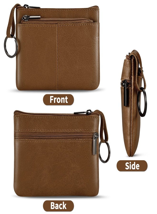 Lidwot Genuine Leather Coin Purse Wallet Mini Zip Change Purse Wallet Coin Pouch with Key Chain 3 Zippers, Brown, Purse coin bag with key ring, 3 zips - Image 2