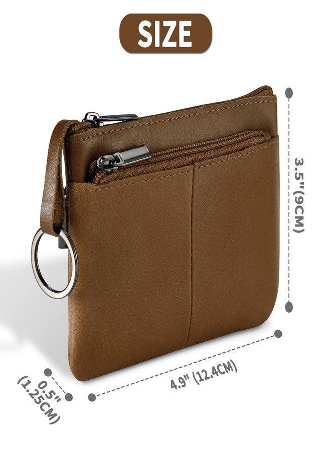 Lidwot Genuine Leather Coin Purse Wallet Mini Zip Change Purse Wallet Coin Pouch with Key Chain 3 Zippers, Brown, Purse coin bag with key ring, 3 zips - Image 3