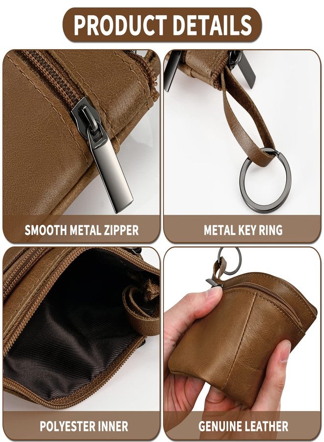 Lidwot Genuine Leather Coin Purse Wallet Mini Zip Change Purse Wallet Coin Pouch with Key Chain 3 Zippers, Brown, Purse coin bag with key ring, 3 zips - Image 4