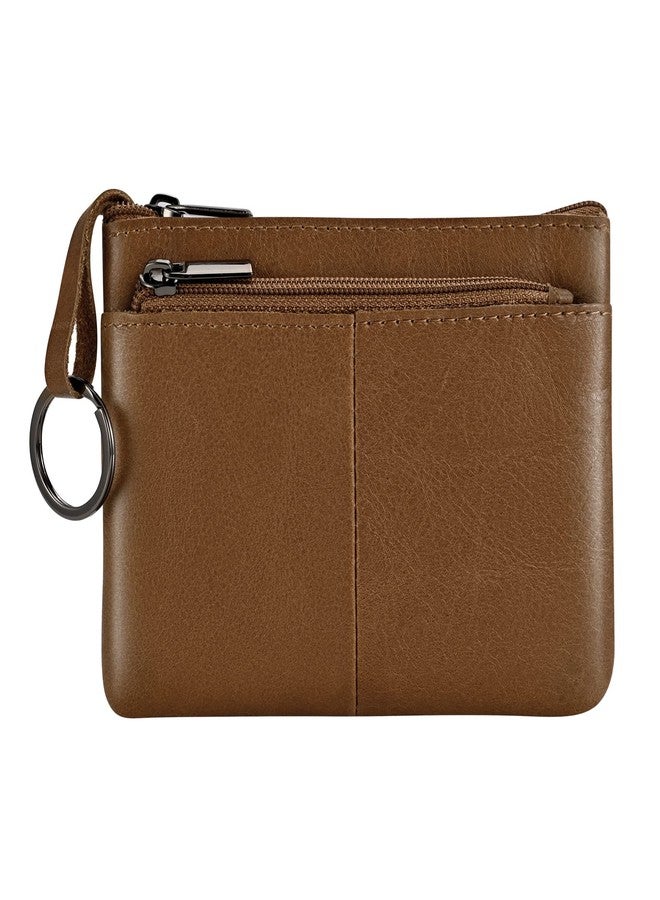 Lidwot Genuine Leather Coin Purse Wallet Mini Zip Change Purse Wallet Coin Pouch with Key Chain 3 Zippers, Brown, Purse coin bag with key ring, 3 zips - Image 1