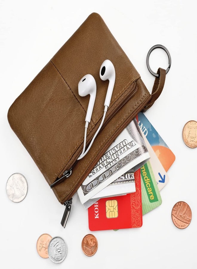 Lidwot Genuine Leather Coin Purse Wallet Mini Zip Change Purse Wallet Coin Pouch with Key Chain 3 Zippers, Brown, Purse coin bag with key ring, 3 zips - Image 5