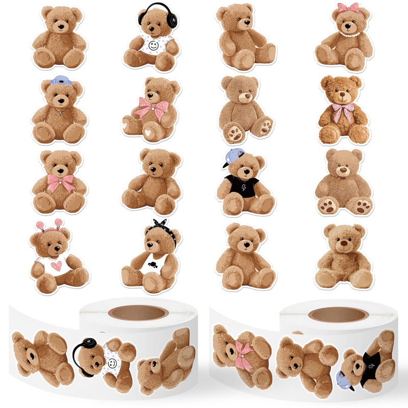 cnhoqc 1000pcs لطيف تيدي بير ملصقات رولز (2 لفات) 16 تصاميم لعبة الدب الشارات الزخرفية للأطفال رائعتين تيدي ملصقات ذاتية اللصق للحرف اليدوية زجاجات المياه سجلات القصاصات أغلفة الهدايا - Image 1