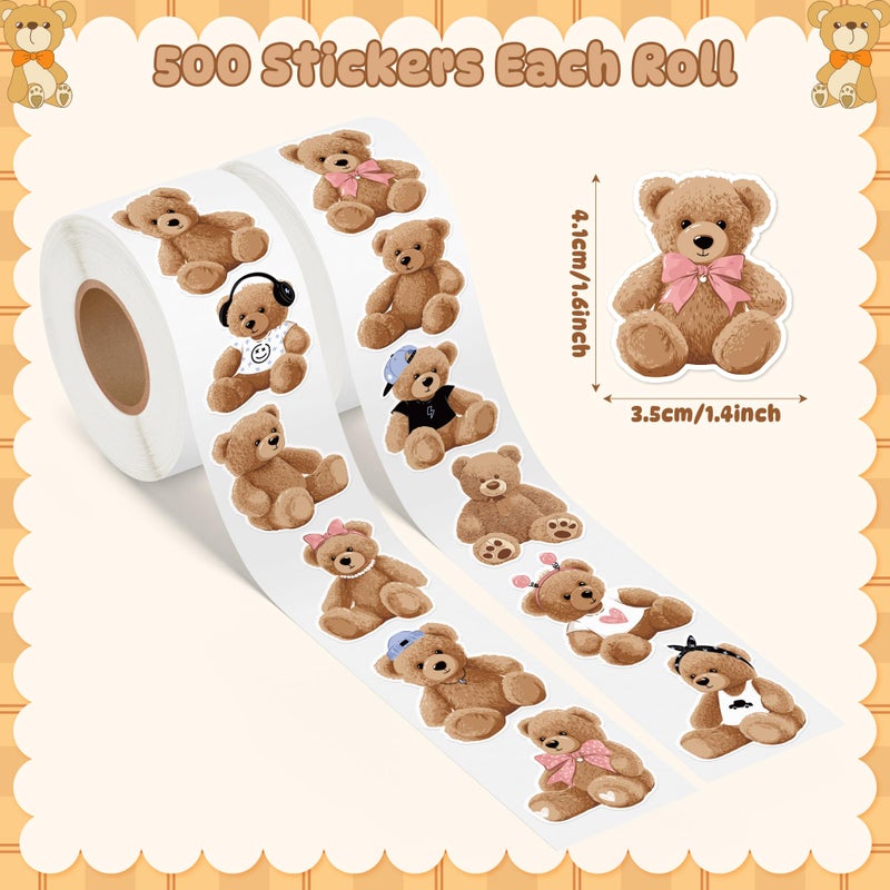 cnhoqc 1000pcs لطيف تيدي بير ملصقات رولز (2 لفات) 16 تصاميم لعبة الدب الشارات الزخرفية للأطفال رائعتين تيدي ملصقات ذاتية اللصق للحرف اليدوية زجاجات المياه سجلات القصاصات أغلفة الهدايا - Image 2