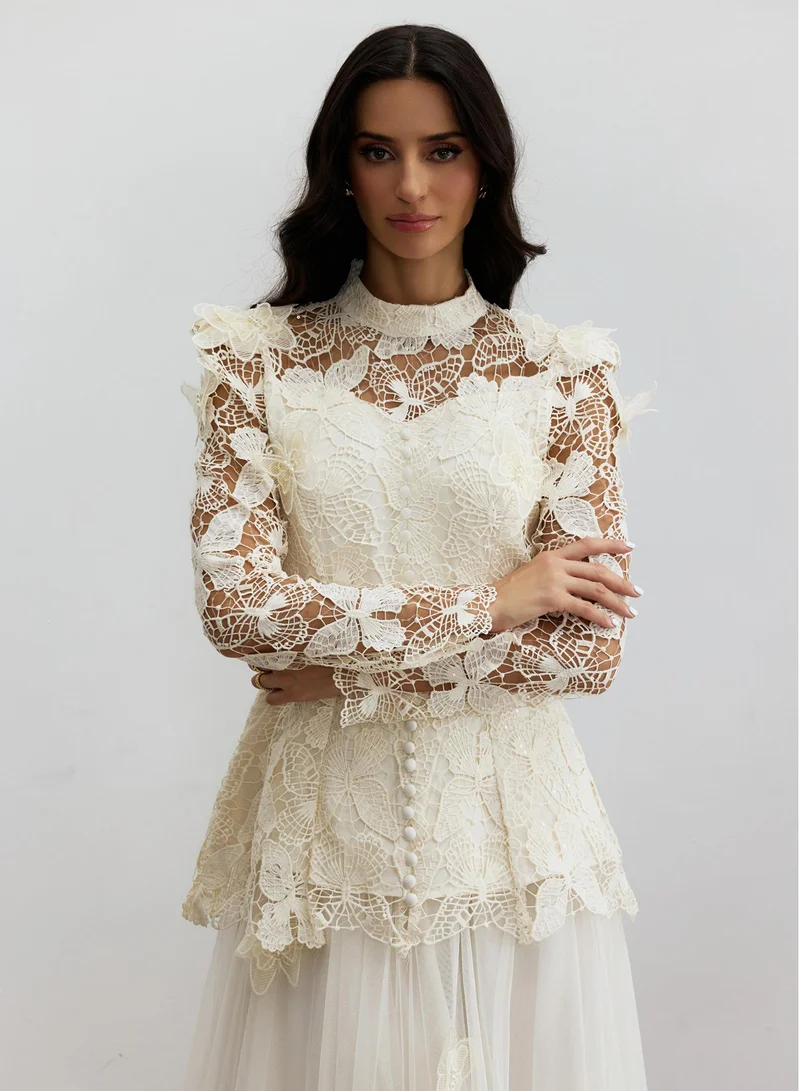 Sunfere White Elizabeth Butterfly Embroidered Lace Maxi Dress for Women | Best Price UAE