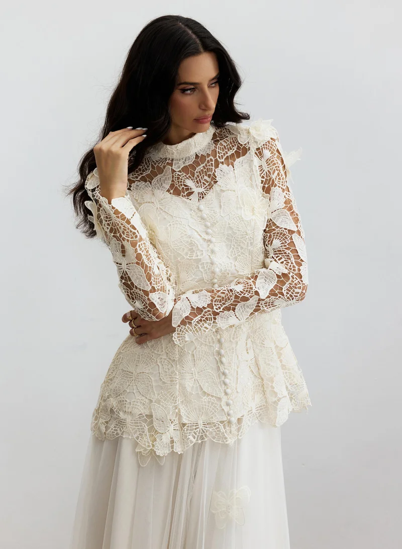 Sunfere White Elizabeth Butterfly Embroidered Lace Maxi Dress for Women | Best Price UAE