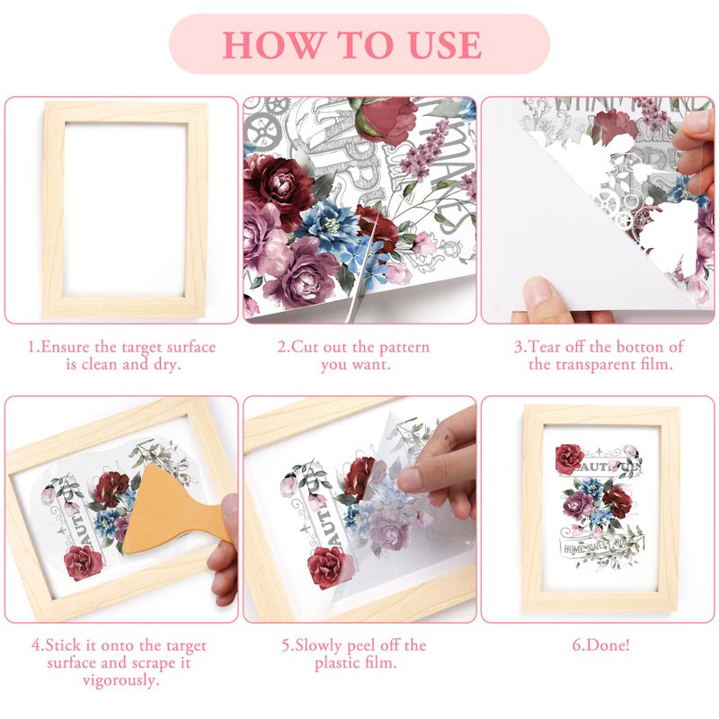EoBeCy Rub on Transfers for Furniture and Crafts: 6 Pcs Large Vintage Red Floral Rub on Transfer Crafting, Flower UV DTF Sticker Decals, Iod Transfers for Wood Tables Walls DIY Home Decor(8.3Ã—12-in) - Image 5