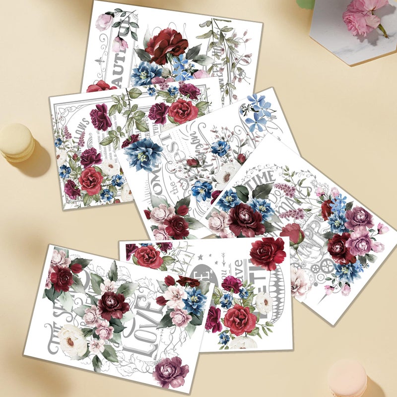EoBeCy Rub on Transfers for Furniture and Crafts: 6 Pcs Large Vintage Red Floral Rub on Transfer Crafting, Flower UV DTF Sticker Decals, Iod Transfers for Wood Tables Walls DIY Home Decor(8.3Ã—12-in) - Image 4