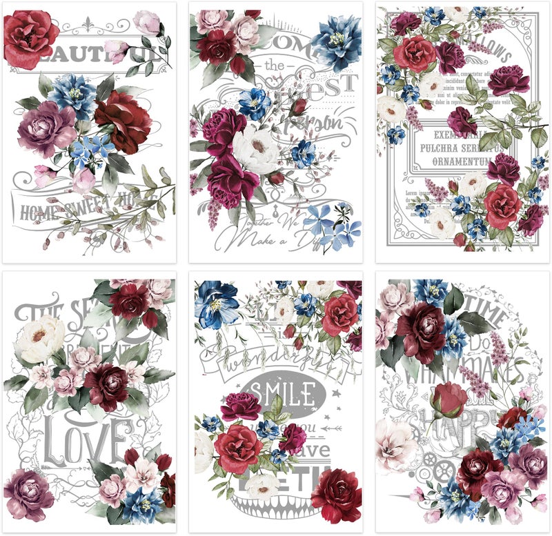 EoBeCy Rub on Transfers for Furniture and Crafts: 6 Pcs Large Vintage Red Floral Rub on Transfer Crafting, Flower UV DTF Sticker Decals, Iod Transfers for Wood Tables Walls DIY Home Decor(8.3Ã—12-in) - Image 1