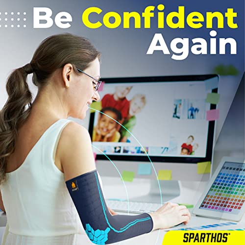 Sparthos Arm Compression Sleeves - Forearm Brace for Recovery, Support for Athletic Sports Running Tennis Baseball Lifting Football Gym Fit Shooting Weightlifting Golf - for Men and Women (Blue-M) - Image 3