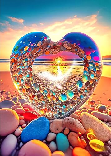 KINPLUB 5D Diamond Painting Kits for Adults, Color Heart Shape Stone Diamond Art Kits for Beginners, DIY Full Round Drill Love Beach Paint with Diamonds Dots Gem Art, Home Wall Decor 12 x 16 Inch - Image 1
